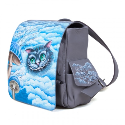 Рюкзак ручной работы с двумя карманами и росписью "Улыбка Чешира" - кожаный рюкзак ручной работы с оригинальным рисунком на заказ |  Sumnizza фото 2