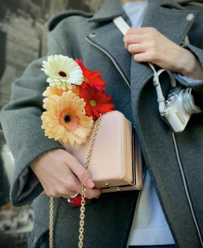 Сумка клатч бокс из натуральной зернистой кожи в цвете пудра на золотистой цепочке  — кросс боди с принтом на заказ фото 2