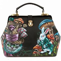 Женская сумка-саквояж с рисунком Чешира "Зазеркалье" ручной работы с рисунком и вышивкой на заказ
