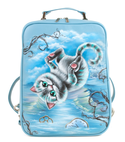 Кожаная сумка рюкзак с росписью "Веселый Чешир" ручной работы с рисунком и вышивкой на заказ
