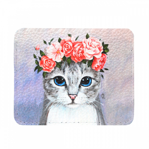 Холдер из кожи для карт с принтом "Кошка в венке" - кожаный женский конверт для карт, холдер ручной работы с рисунком |  Sumnizza