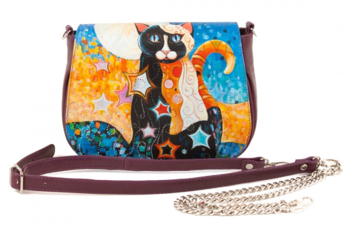 Женская кожаная сумка через плечо с рисунком ручной работы "Звездный кот" — кросс боди с принтом на заказ