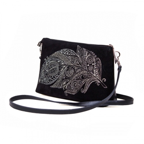 Замшевый вечерний клатч с вышивкой "Невесомое пёрышко" на заказ - женская кожаная сумка ручной работы с авторским рисунком фото 2