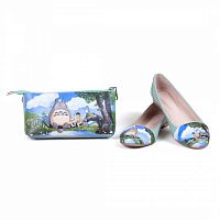 Комплект мятные балетки и косметичка "Трололло" — женский кожаный набор туфли и сумка ручной работы с рисунком