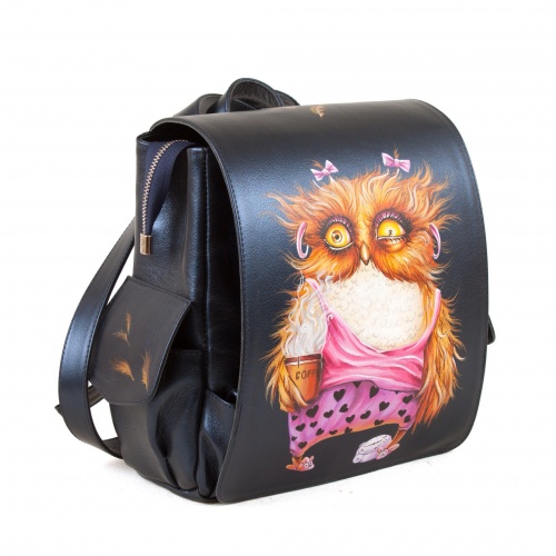 Женский городской рюкзак с карманами и росписью "Сова с кофе" - кожаный рюкзак ручной работы с оригинальным рисунком на заказ |  Sumnizza фото 4