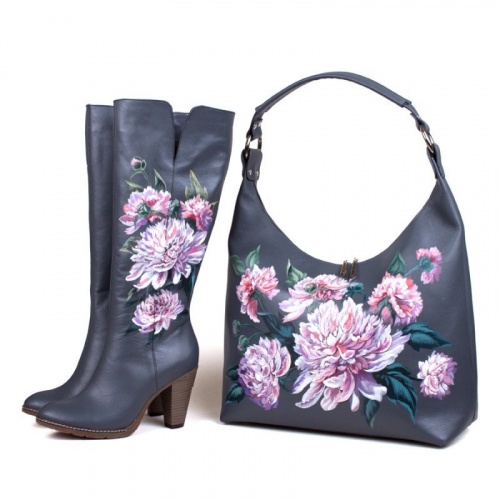 Комплект сапоги и сумка-баул "Пионы" - кожаный женский набор рюкзак и ботинки ручной работы с рисунком |  Sumnizza фото 3