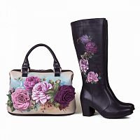 Комплект сапоги и сумка-саквояж "Розы 3D" — женский кожаный набор туфли и сумка ручной работы с рисунком