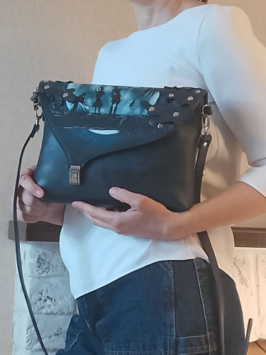 Женская сумка клатч через плечо с рисунком ручной работы на заказ "Полнолуние" на заказ - женская кожаная сумка ручной работы с авторским рисунком фото 11