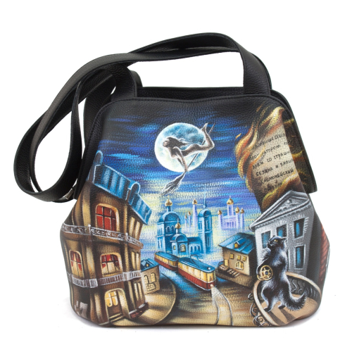 Женская кожаная сумка-мешок через плечо с рисунком «Мастер и Маргарита» ручной работы - кожаная женская сумка хобо, сумка мешок ручной работы с рисунком на заказ |  Sumnizza фото 3