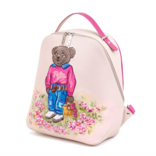 Розовый кожаный рюкзачок ручной работы с вышивкой "Мишка" ручной работы с рисунком на заказ | Sumnizza