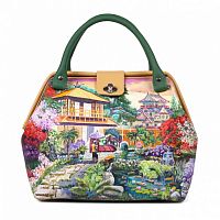 Женский саквояж с рисунком по коже "Японский сад" ручной работы с рисунком и вышивкой на заказ
