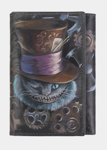 Небольшой складной кошелек в черном цвете с рисунком "Чеширский кот" - ручная работа - кожаный женский кошелек-портмоне ручной работы с рисунком на заказ |  Sumnizza