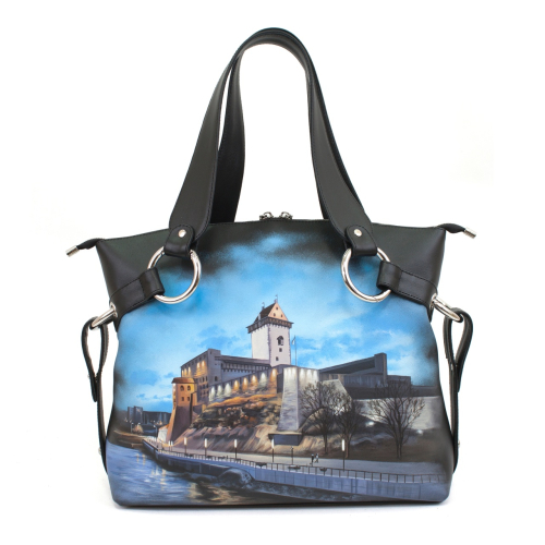 Сумка хобо через плечо "Старый город" - кожаная и замшевая женская сумка шоппер ручной работы с рисунком и вышивкой на заказ фото 4