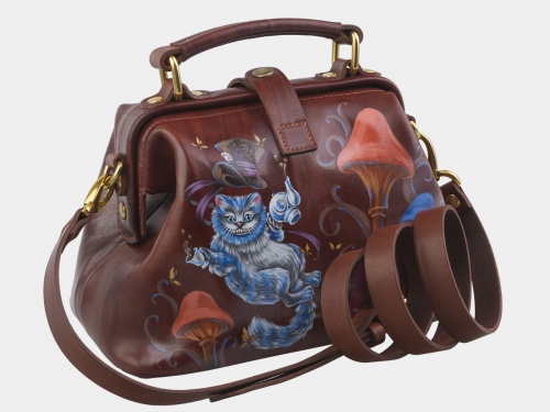 Женский саквояж из кожи "Чеширский кот" — женская кожаная сумка саквояж ручной работы с рисунком и вышивкой на заказ фото 3