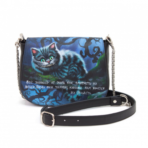 Женская кожаная сумка через плечо с рисунком ручной работы "Чешир" с росписью, принтом - фото