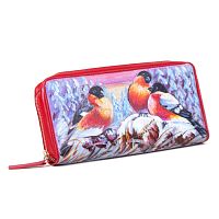 Женский кошелек на молнии с рисунком ручной работы "Снегири" ручной работы с рисунком на заказ
