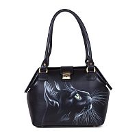 Кожаный саквояж с росписью кошечки "Интерес" ручной работы с рисунком и вышивкой на заказ
