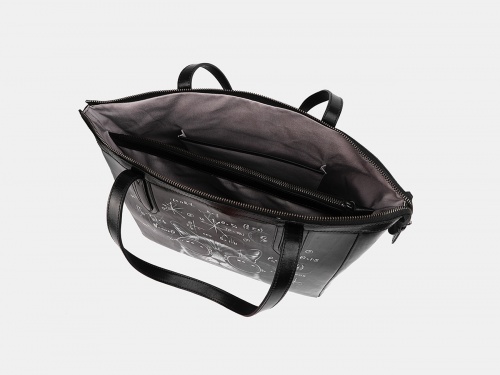 Черная кожаная сумка шоппер с рисунком «Кот в очках» - кожаная и замшевая женская сумка шоппер ручной работы с рисунком и вышивкой на заказ фото 3