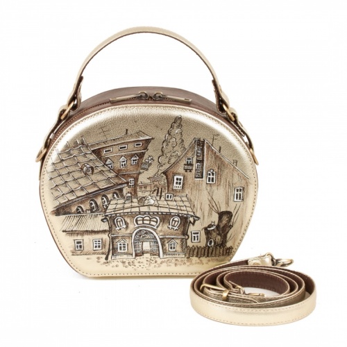 Сумка полукруглой формы с росписью "Старый городок" - круглая кожаная женская сумка ручной работы с рисунком |  Sumnizza