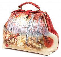 Женский саквояж из кожи с росписью "Осенняя лисичка" ручной работы с рисунком и вышивкой на заказ
