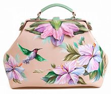 Женская сумка-саквояж из кожи с росписью и аппликацией "Колибри" ручной работы с рисунком и вышивкой на заказ
