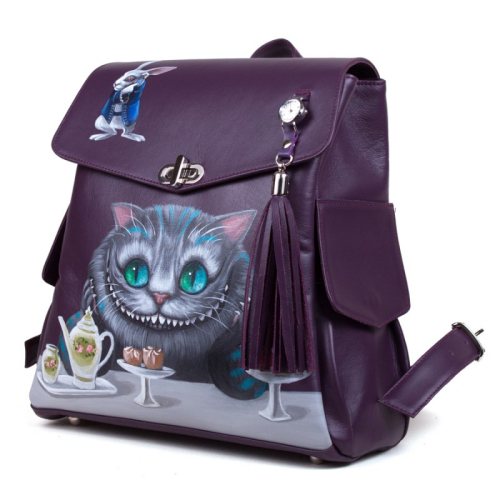 Женский рюкзак с карманами и рисунком Чешира "Чешир на чае" - кожаный рюкзак ручной работы с оригинальным рисунком на заказ |  Sumnizza фото 13