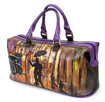 Сумка саквояж из кожи с росписью и аппликацией "Вечерний танец" — классический дорожный кожаный саквояж ручной работы с рисунком и вышивкой на заказ
