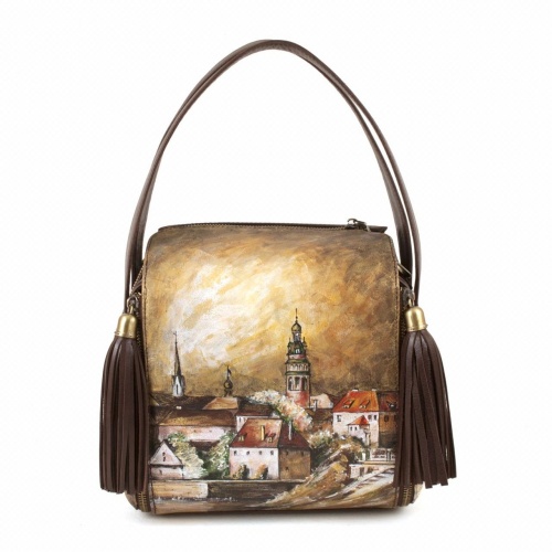 Маленькая квадратная сумка с рисунком по коже "Старый город" ручной работы с рисунком и вышивкой на заказ
