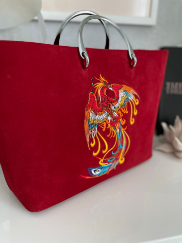 Замшевый шоппер с авторским дизайном - вышивка на заказ "Феникс" - кожаная и замшевая женская сумка шоппер ручной работы с рисунком и вышивкой на заказ