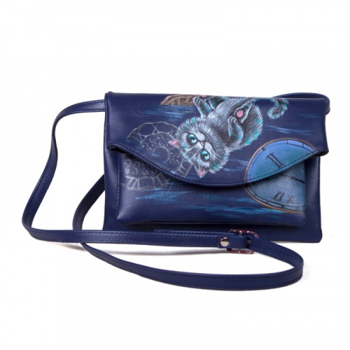 Женская кожаная сумка через плечо с рисунком ручной работы "Время Чеширского кота" на заказ - женская кожаная сумка ручной работы с авторским рисунком