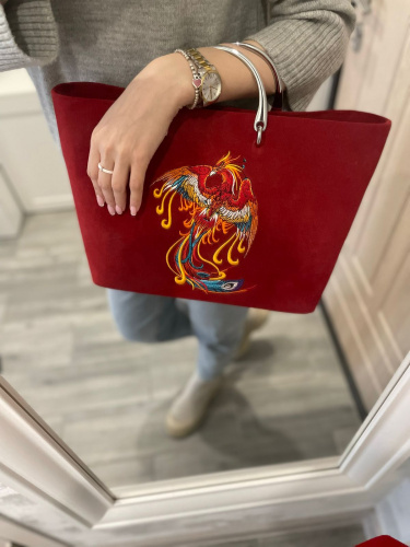 Замшевый шоппер с авторским дизайном - вышивка на заказ "Феникс" - кожаная и замшевая женская сумка шоппер ручной работы с рисунком и вышивкой на заказ фото 11