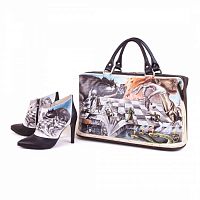 Комплект дамский саквояж и ботильоны "Шахматы" — женский кожаный набор туфли и сумка ручной работы с рисунком