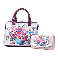 Кожаный комплект: сумка и кошелек с рисунком "Букет в вазе" фото