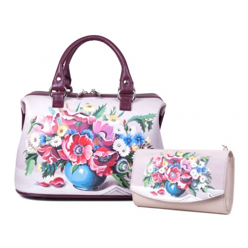 Кожаный комплект: сумка и кошелек с рисунком "Букет в вазе" фото