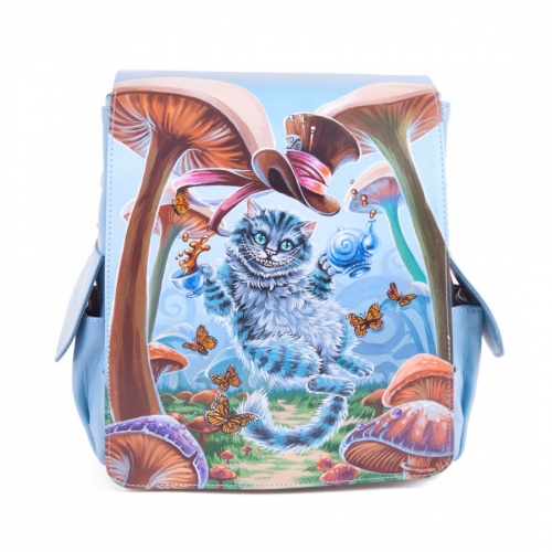 Кожаная сумка рюкзак с рисунком "Чешир в грибах" ручной работы с рисунком и вышивкой на заказ
