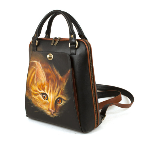 Кожаная сумка рюкзак с рисунком "Рыжий кот" ручной работы с рисунком и вышивкой на заказ
 фото 3