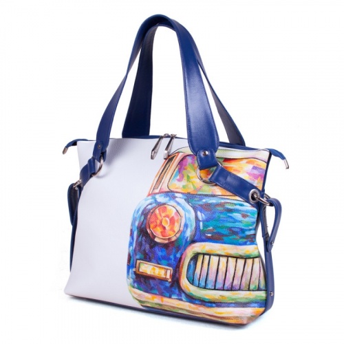 Сумка шоппер через плечо с  росписью "Старое авто" - кожаная и замшевая женская сумка шоппер ручной работы с рисунком и вышивкой на заказ фото 2