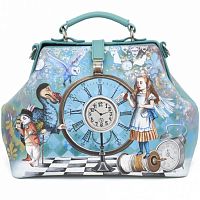 Женская сумка-саквояж из кожи "Алиса в Зазеркалье" ручной работы с рисунком и вышивкой на заказ
