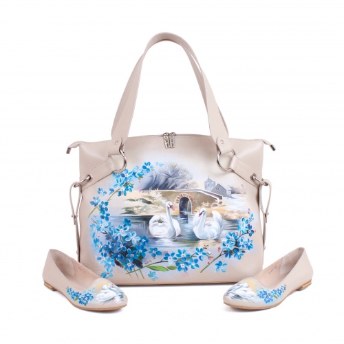 Комплект балетки и большая сумка "Лебеди" - кожаный женский набор рюкзак и ботинки ручной работы с рисунком |  Sumnizza фото 2