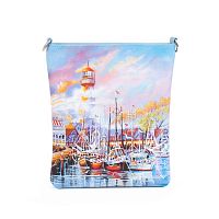 Женская кожаная сумка через плечо с рисунком ручной работы "Морской городок" — кросс боди с росписью и вышивкой на заказ