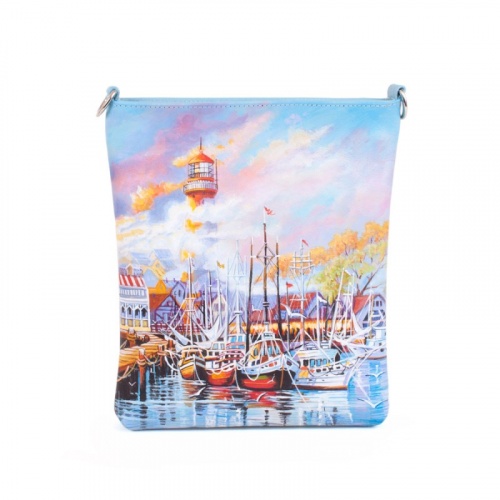 Женская кожаная сумка через плечо с рисунком ручной работы "Морской городок" — кросс боди с принтом на заказ