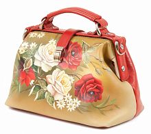 Небольшая женская сумка-саквояж с росписью "Розовый куст" ручной работы с рисунком и вышивкой на заказ
