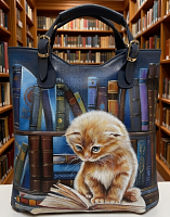 Шоппер кожаный с рисунком «Котик с книжками» — ручная работа — пошив женской кожаной сумки ручной работы, сумки с рисунком и именной вышивкой на заказ
