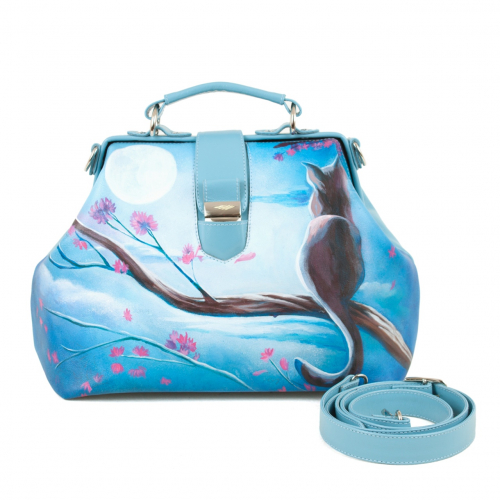 Женская сумка формы саквояж "Лунная кошка" — женская кожаная сумка саквояж ручной работы с рисунком и вышивкой на заказ фото 3