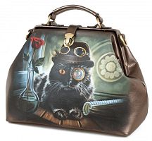 Саквояж из натуральной  кожи "Кот Фандорин" ручной работы с рисунком и вышивкой на заказ
