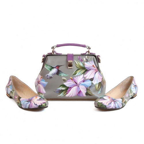 Комплект балетки и кожаный саквояж "Колибри" - кожаный женский набор рюкзак и ботинки ручной работы с рисунком |  Sumnizza