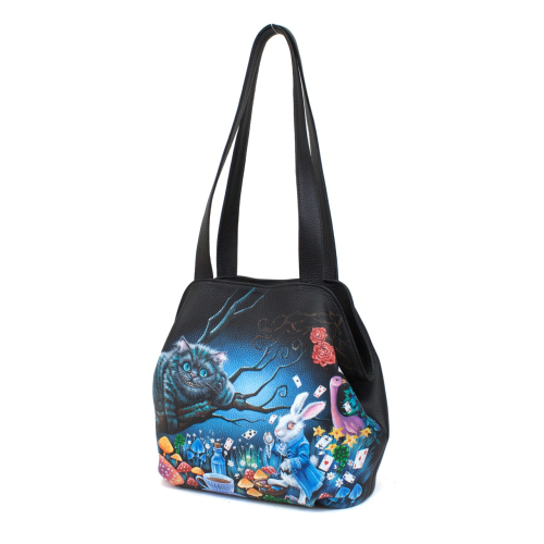 Женская сумка мешок из натуральной кожи с рисунком ручной работы «Чешир и кролик» - кожаная женская сумка хобо, сумка мешок ручной работы с рисунком на заказ |  Sumnizza фото 4