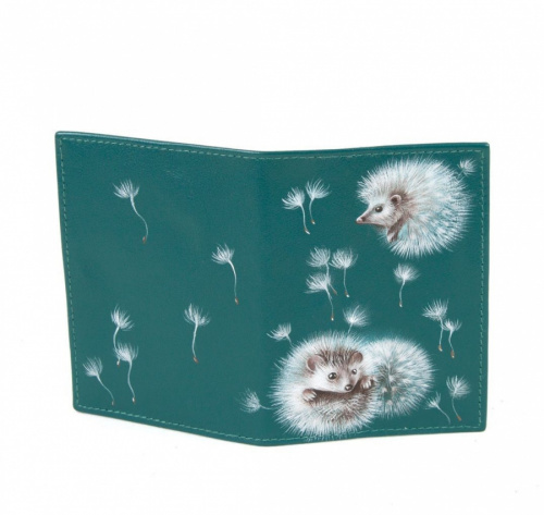 Обложка из кожи с росписью "Ежик в одуванчиках" - кожаный женский кошелек-портмоне ручной работы с рисунком на заказ |  Sumnizza