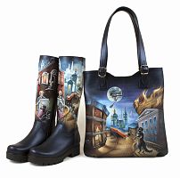 Комплект кожаные сапоги и шоппер "Мастер и Маргарита" — женский кожаный набор туфли и сумка ручной работы с рисунком