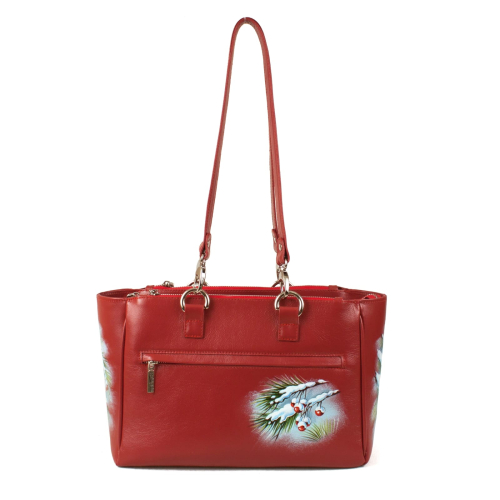 Кожаная сумка-шоппер красного цвета с ручной росписью снегирей и аппликацией - кожаная и замшевая женская сумка шоппер ручной работы с рисунком и вышивкой на заказ фото 5